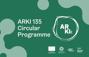 White text saying "ARKI 135 Circular Programme" on a forest green background.