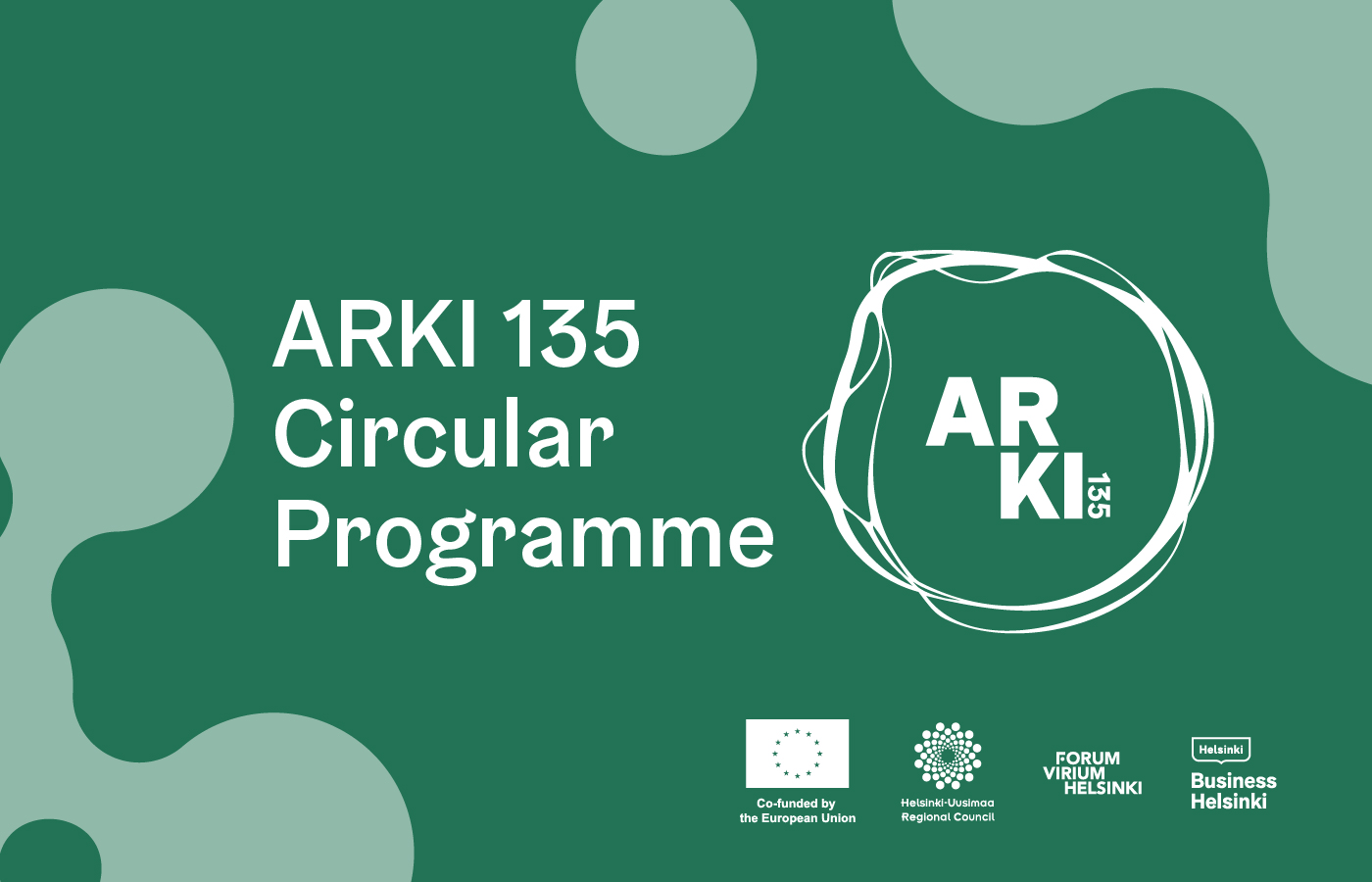 White text saying "ARKI 135 Circular Programme" on a forest green background.