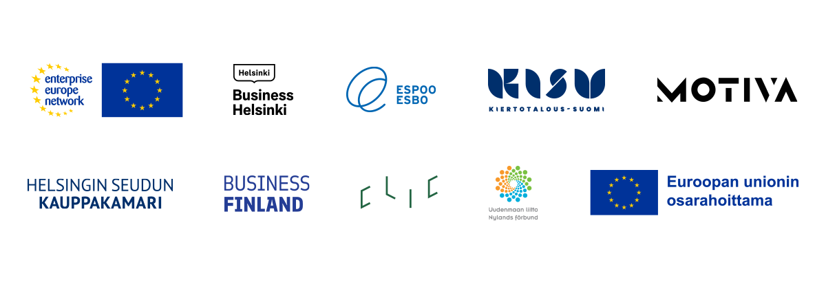Logobannerissa seuraavien organisaatioiden logot: EEN, Business Helsinki, Espoo, Kiertotalous-Suomi, Motiva, Helsingin seudun kauppakamari, Business Finland, CLIC Innovation, Uudenmaan liitto, Euroopan unionin osarahoittama.