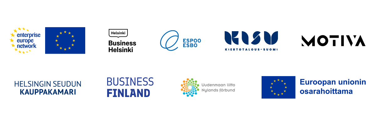 Logobannerissa seuraavien organisaatioiden logot: EEN, Business Helsinki, Espoo, Kiertotalous-Suomi, Motiva, Helsingin seudun kauppakamari, Business Finland, Uudenmaan liitto, Euroopan unionin osarahoittama.