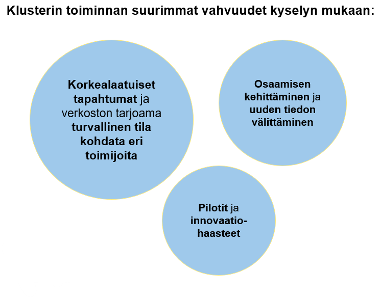 Kuvassa lueteltu klusterin toiminnan suurimmat vahvuudet jäsenkyselyn mukaan.