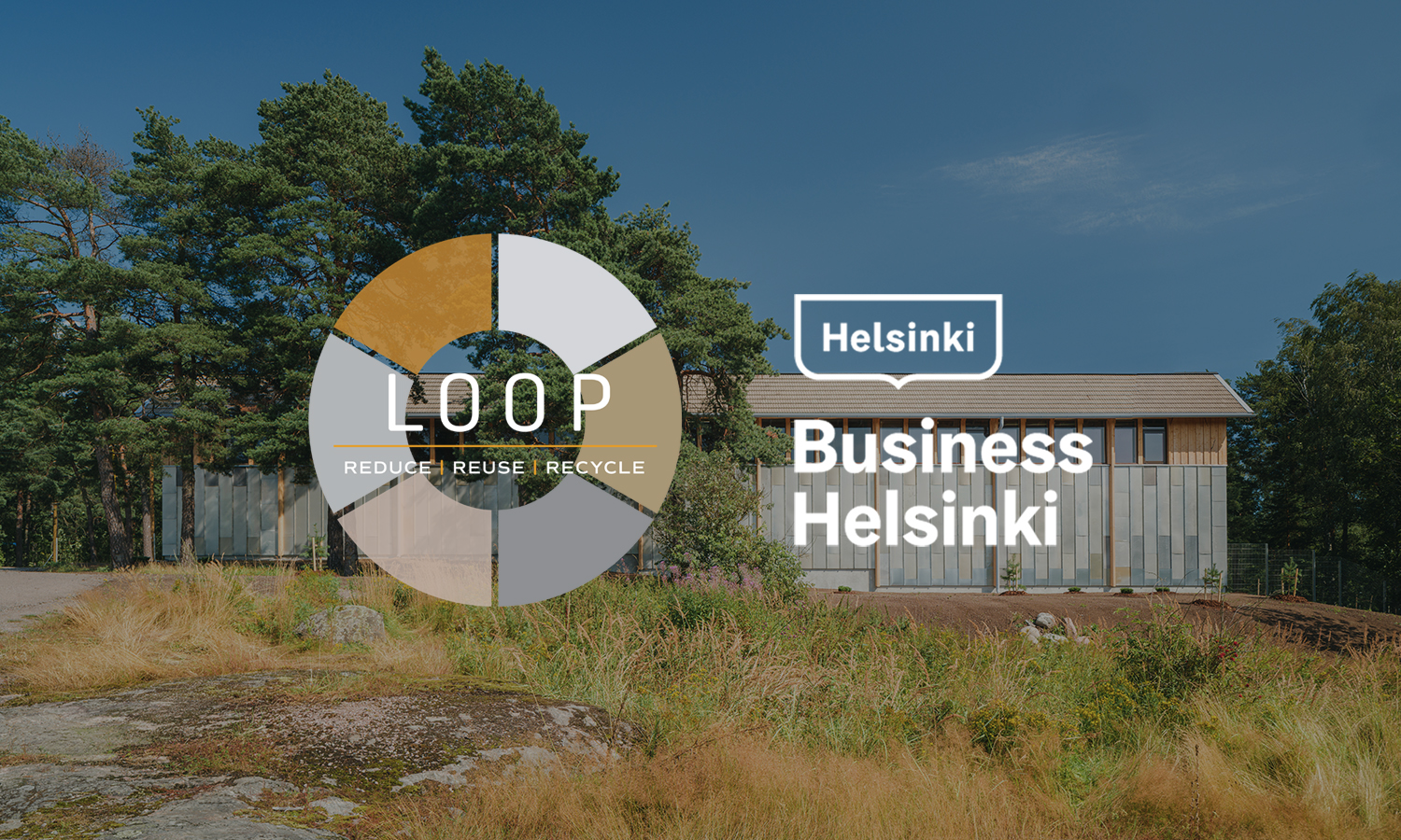 Maisemakuvan päällä valkoiset logot LOOP Forum ja Business Helsinki