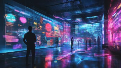 A futuristic art gallery features immersive digital installations with colorful visuals projected on sleek walls.