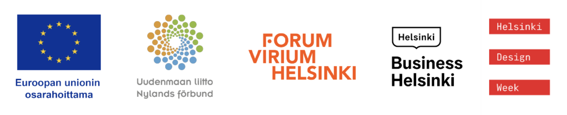 Logot: Euroopan unionin rahoittama, Uudenmaan liitto, Forum Virium Helsinki, Business Helsinki ja Helsinki Design Week.